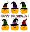 Halloween set of kawaii pumpkins in hats. Vector. For the fall holiday