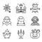Halloween Set Line Icon. Pumpkin with Candy, Castle, Cauldron, Vampire Scary Magic Outline Icon. Halloween Concept