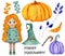 Halloween set. Redhead young witch in green dress, striped stockings and boots. Candy, black cat, spider, purple pumpkin, witch`s