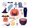 Halloween set. Spider web and pumpkin, bat and coffin, grave and moon, broom and skull, sweets and candle vector