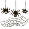 Halloween set of spider web and three spiders isolated on black