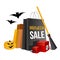 Halloween shopping. Paper bags and pumpkin.