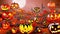 Halloween short illustrated spooky banner with pumpkins, ghosts, skeletons, atmosphere of darkness and fear