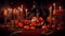 Halloween short illustrated spooky banner with pumpkins, ghosts, skeletons, atmosphere of darkness and fear