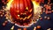 Halloween short illustrated spooky banner with pumpkins, ghosts, skeletons, atmosphere of darkness and fear