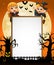 Halloween sign with little girl dracula and little boy witch and spooky tree