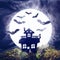 Halloween. Silhouette of an old house and bats on a background of the full moon. Fog, moss