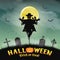 Halloween silhouette scarecrow in night graveyard