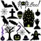 Halloween. Silhouettes. Set of vector illustrations. Collection of festive mystical elements. Pumpkin, ghost, bat, spider, raven.