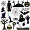 Halloween. Silhouettes. Set of vector illustrations. Collection of festive mystical elements. Pumpkin, ghost, bat, vampire, spider