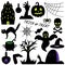 Halloween. Silhouettes. Set of vector illustrations. Collection of festive mystical elements. Pumpkin, ghost, cat, spider, potion,