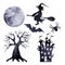 Halloween silhouettes. Set of watercolor moon, flying on broom witch, spider, bat, tree, and castle