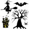 Halloween silhouettes. Set of witch, spider, bat, tree, and castle