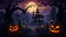Halloween   skeleton holding lantern on wooden banner in spooky night