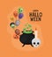 Halloween skull with candle witch bowl and balloons vector design