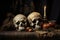 Halloween skulls. lit candles.