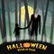 Halloween slender tall man with girl in forest