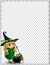 Halloween spider coweb frame of cute baby witch girll in green costume and cauldron