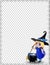 Halloween spiderweb border of cute baby witch girll in blue costume and cauldron