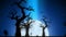 Halloween spooky animation background motion graphics with the spooky tree, moon, bats, zombie hand and graveyard, Blue theme