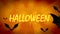 Halloween spooky animation with flying bats on orange gradient background.