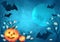 Halloween spooky background with bats flying in the moonlight autumn trees and pumpkins. Scary Halloween background.