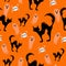 Halloween spooky cats and ghost seamless pattern on orange background with cloud boo. Funny cat halloween pattern