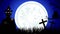 Halloween Spooky Dark Background. Witch Flying over the moon and haunted house with ghosts