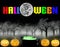 Halloween - Spooky Halloween woods with glowing pumpkins, a witch\\\'s cauldron and Black bats