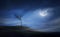 A halloween spooky lone bare branch tree in an isolated moors landscape at night