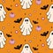 Halloween spooky orange seamless pattern background with ghosts and bats