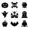Halloween Spooky Silhouette Icon Set. Black Pumpkin, Bat, Vampire, Cauldron, Grave, Skull, Castle Ghost Glyph Pictogram
