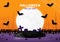 Halloween. Stage podium decorated with Halloween day elements, moon, bats, spiders, spider web, cross sign, gravestone on orange.