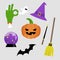 Halloween sticker pack. Set of halloween icons. Pumpkin, broomstick, witch hat, zombie hand, ghost, bat, magic wand and crystal b