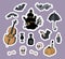 Halloween stickers. Creepy mystical house with bat, cello, rum, skull and crossbones, pumpkin and hand thing. Vector