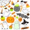 Halloween stickers, patches, badges. Cute pumpkin, ghosts, bat and other holiday symbols in kawaii style, Big collection of isolat