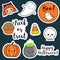 Halloween stickers, patches, badges. Cute pumpkin, ghosts, kids and other holiday symbols in kawaii style