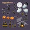 Halloween stickers. Vector set. Pumpkin, witch, moon, cat, ghost