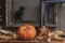 Halloween still life with black raven crow and orange pumpkin