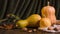 Halloween Still Life with Decorative Pumpkins, Walnuts, Acorns and Autumn Leaves