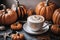 halloween still life with latte, decorations and pumpkins , holiday background