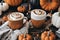 halloween still life with latte, decorations and pumpkins , holiday background