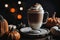 halloween still life with latte, decorations and pumpkins , holiday background