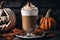 halloween still life with latte, decorations and pumpkins , holiday background