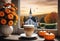 halloween still life with latte, decorations and pumpkins on windowsill, and a beautiful autumn view of the church and