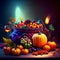 Halloween still life with pumpkins, autumn leaves, berries and candies Generative AI