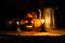 Halloween still life with pumpkins, candles and classic kettle