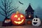 Halloween still life scene with carved pumpkin, lantern, treats bag, and ghost gourd with teal background with night shadows.  It