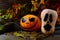 Halloween Stingy Jack pumpkins on dark rustic background