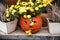 Halloween street decor. Jack o lantern pumpkins and flowers in city street, holiday decor of garden and buildings. Autumn market